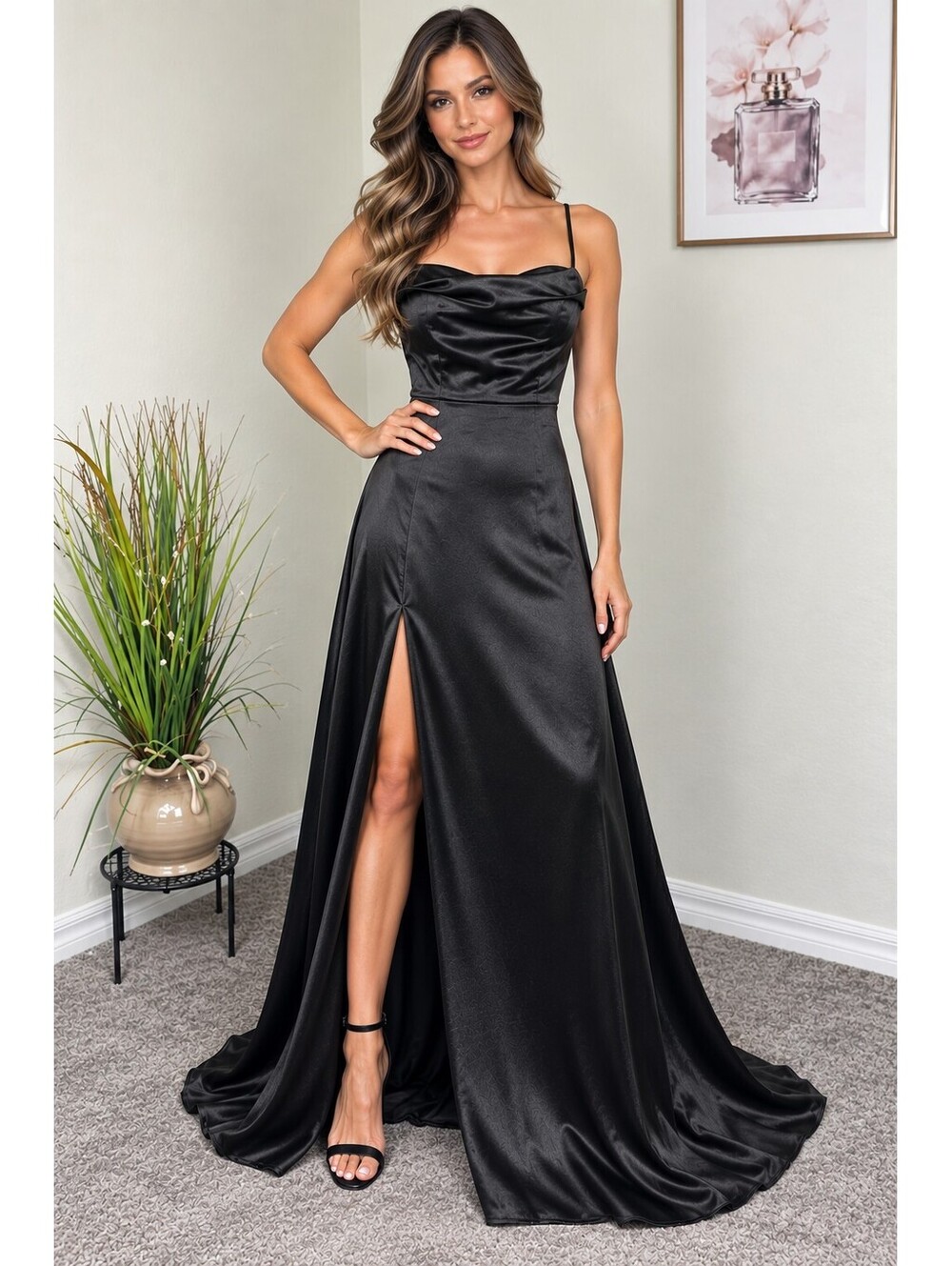 Vintage Y2K Windsor Black Satin Strapless Evening Gown Maxi Formal Dress